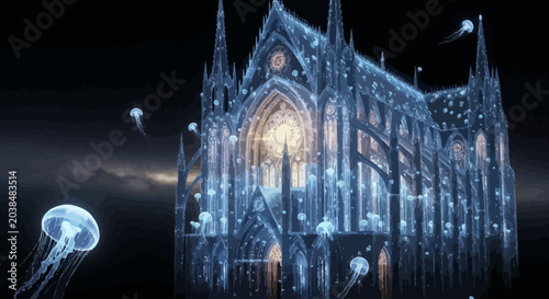Foto Enchanting ethereal cathedral illuminated by bioluminescent jellyfish and celest