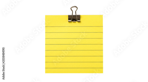 Yellow sticky note attached with paper clip isolated on transparent background