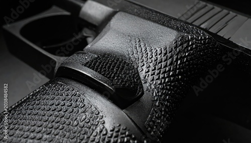Close-up shot of the intricately textured grip of a modern service pistol, emphasizing its tactile design and material detail.