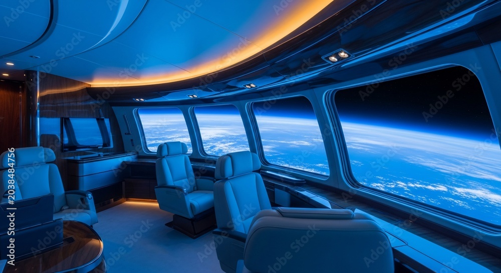 Fototapeta premium Futuristic Luxury Spaceship Cabin with Earth View from Orbit