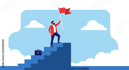 Businessman standing on stairs with flag, success concept, achievement background