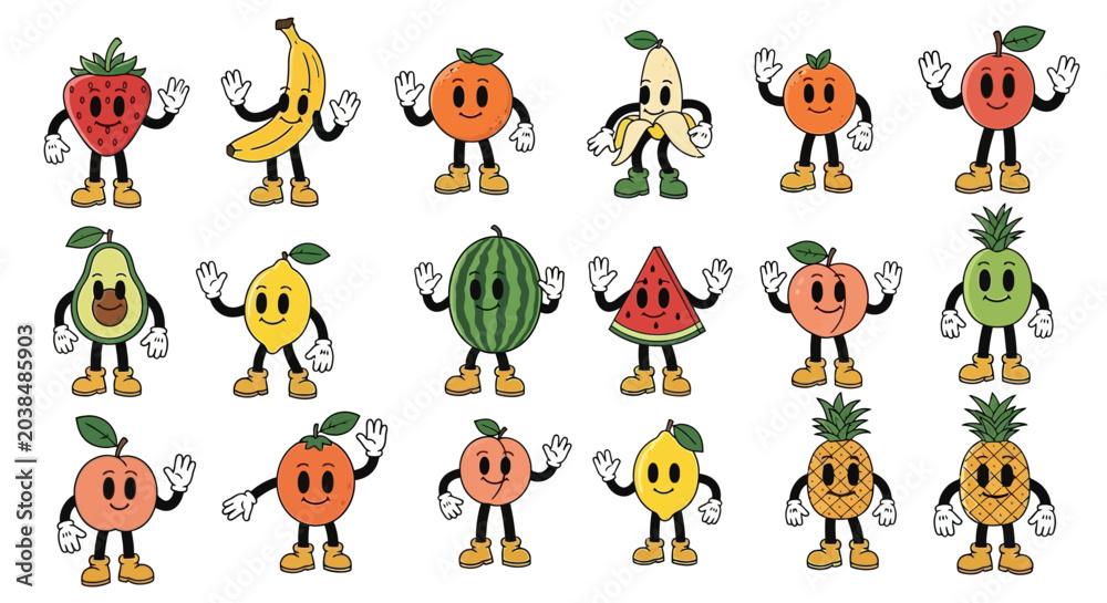 Obraz premium Collection of various cartoon fruit characters with arms and legs, featuring a playful and retro aesthetic.