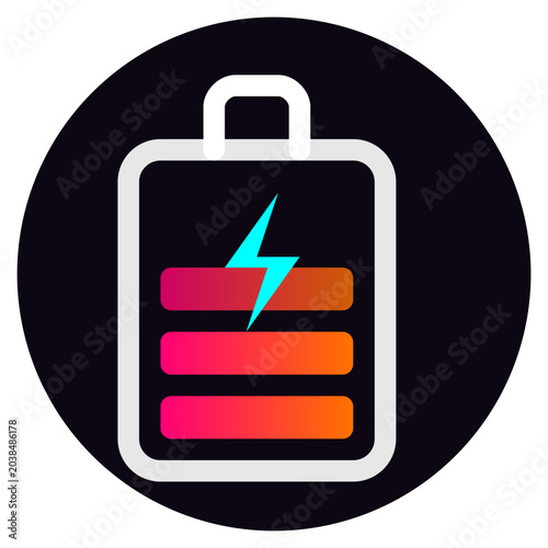 Minimalist battery icon design featuring a bright neon lightning bolt symbol with vibrant color gradients set inside a circular frame