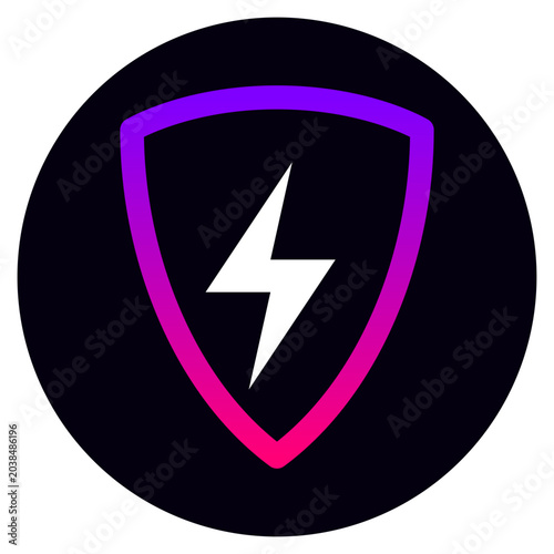 Vibrant gradient shield icon featuring a central white lightning bolt symbol set against a clean and solid circular black background