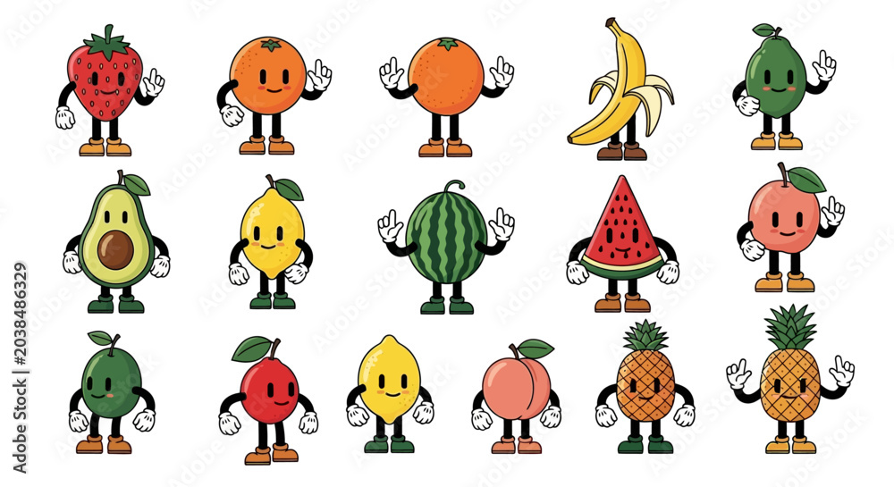 Naklejka premium Collection of various cartoon fruits with arms and legs, expressing different emotions.
