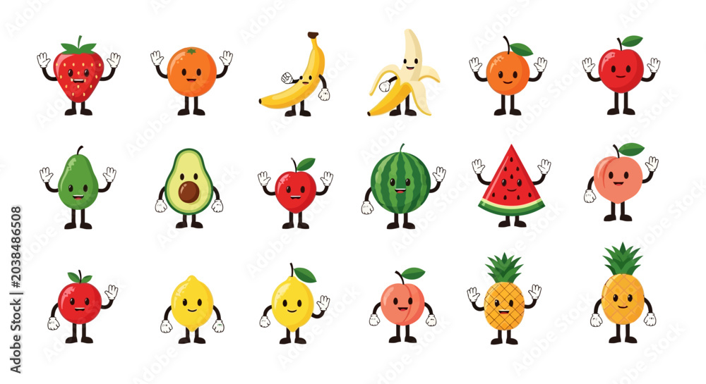 Obraz premium Collection of various cartoon fruits with happy faces and arms, including strawberries, oranges, bananas, apples, avocados, watermelons, peaches, lemons, pineap