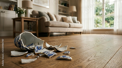 Broken ceramic vase shattered floor isolated on a clean white background