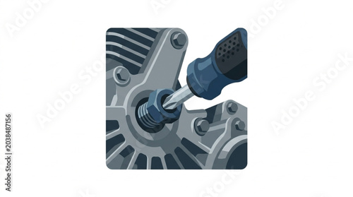 Foto Close up of a screwdriver tightening a bolt on a mechanical engine component