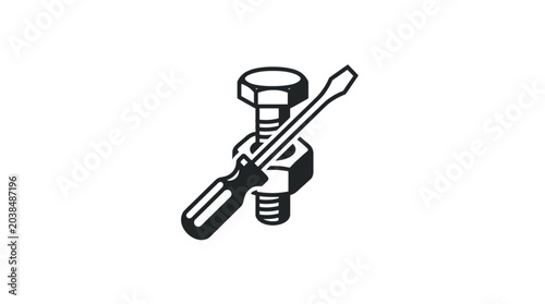 Photography Close up of a bolt and nut with a screwdriver.