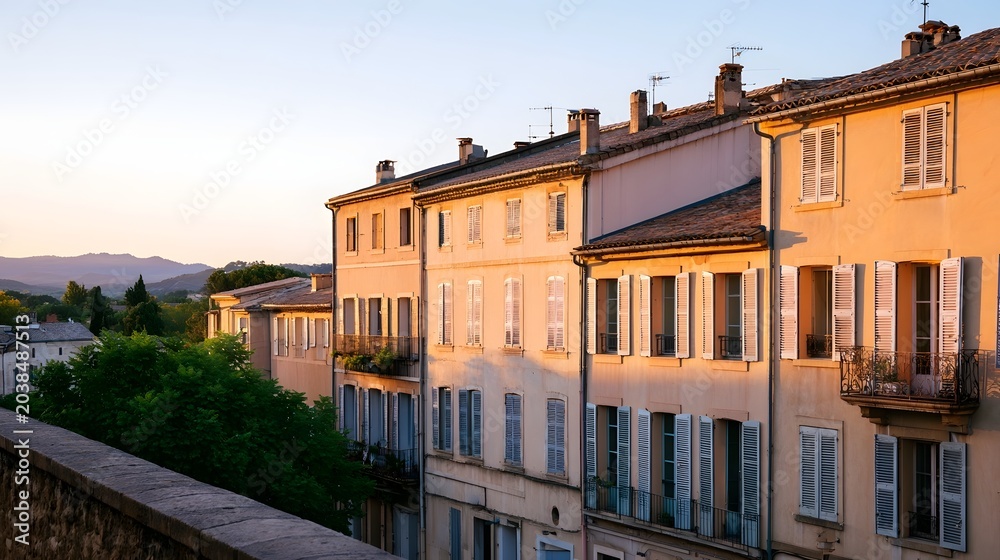 Obraz premium Warm sunset light illuminates a row of historic European buildings and their charming shutters
