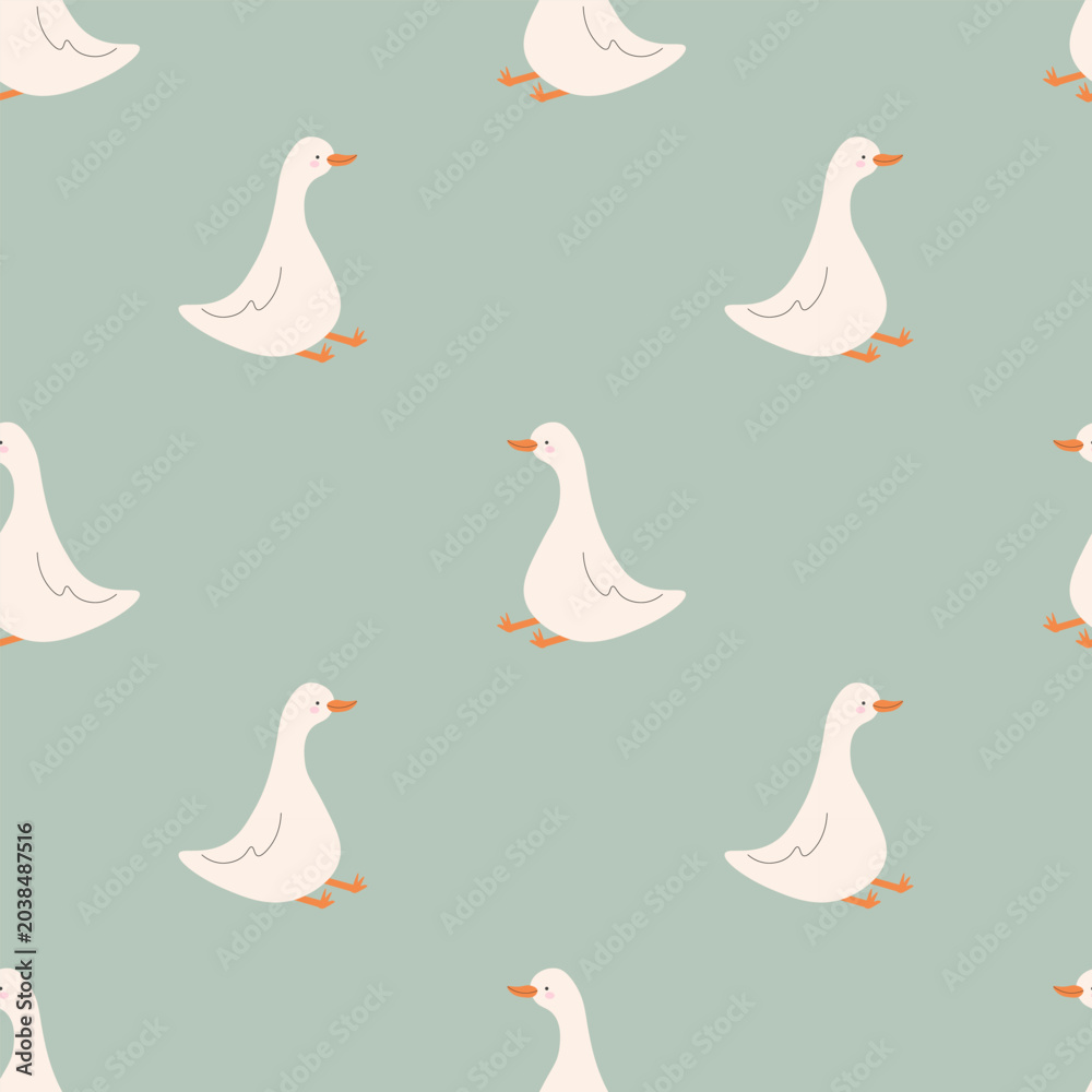 Obraz premium Seamless pattern with white geese on a sage green background. The textile print features domestic birds with orange beaks arranged in a geometric repeating layout for modern wallpaper.