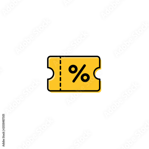 Yellow discount voucher flat line icon. Vector illustration of a yellow coupon ticket with a black percentage sign, dashed cutting line, and subtle shadow effect. 