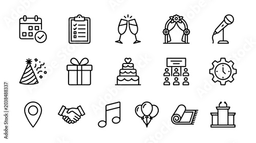 Canvas Print Event planning line icon set with party and venue symbols