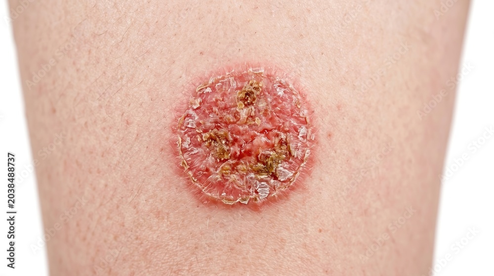 Fototapeta premium Circular Scaly Red Lesion Indicating Nummular Eczema or Ringworm Infection