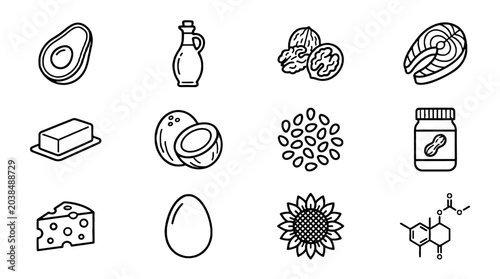 Fats food outline icon set with oils, nuts, seeds and dairy