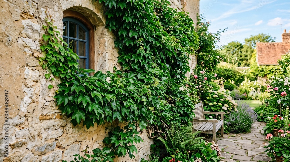 Fototapeta premium A serene garden scene with lush green plants climbing a stone wall and a wooden bench on a sunny day