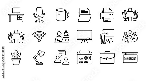 Billede på lærred Office and workspace line icon set with desk meeting and tools