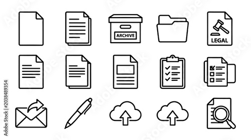 Quadro su tela Document and office file outline icon set in black line style