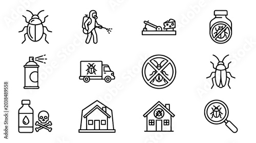 Bild auf Leinwand Pest control line icon set with bugs, spray and house symbols