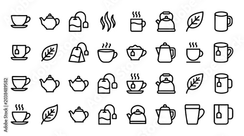 Photos Tea drink and teapot outline icon set in editable stroke style
