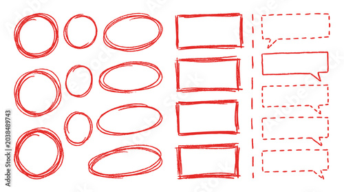 Hand drawn red circle, oval and rectangle frame set