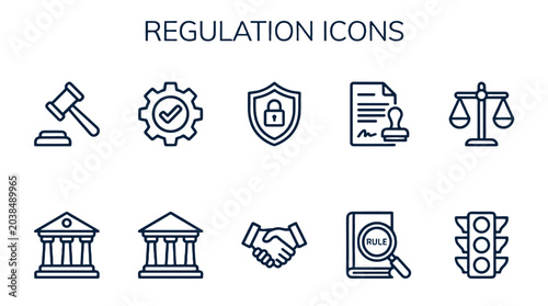 Bild auf Leinwand Regulation line icon set with legal and compliance symbols