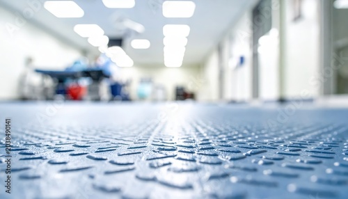 Close-up view of a textured, non-slip safety floor in a brightly lit hospital operating room