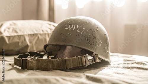 Close-up view of a vintage military helmet's worn interior with suspension webbing and scratched markings