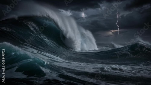 Stormy ocean towering crashing wave dark lightning filled sky dramatic powerful seascape fierce stormy ocean towering waves