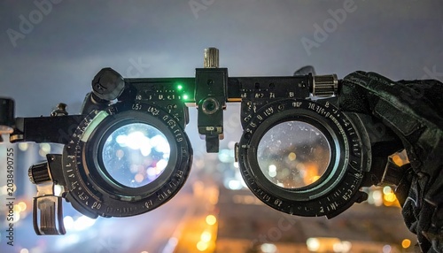 Close-up view of an advanced optometry trial frame with intricate lenses and adjustment knobs against a blurred cityscape background.