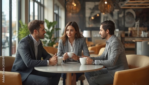 Three business colleagues having a productive meeting at a cafe table with co workers business colleagues discussion professional communication corporate collaboration strategy planning