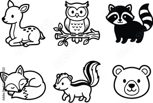 Cute woodland animal set of six cartoon characters in line art style
