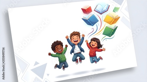 Joyful Diverse Children Jumping with Floating Books and Creative Ideas
