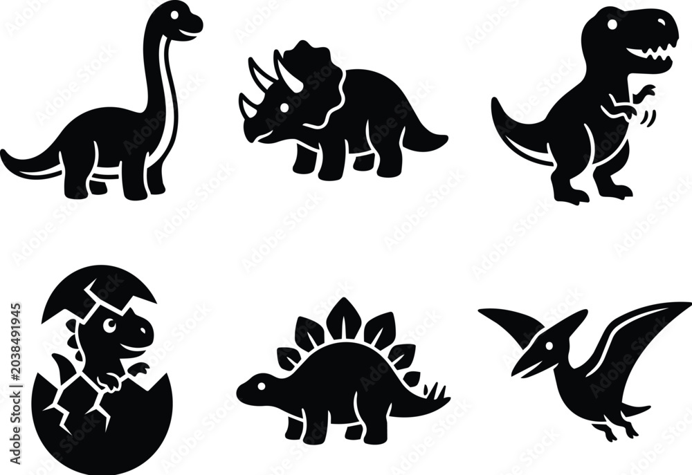 Obraz premium Dinosaur silhouettes in vector art set featuring tyrannosaurus rex triceratops stegosaurus and pterosaur