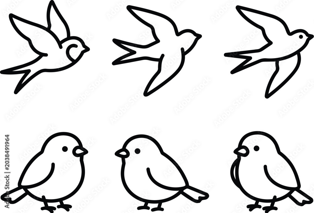 Fototapeta premium Six birds in black outlines, three swallows and three sparrows, simple icon style