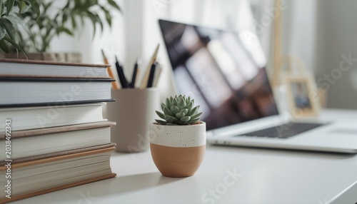 Workspace interior with laptop books and small potted succulent workspace succulent business interior education computer professional lifestyle organization supplies stationery creative