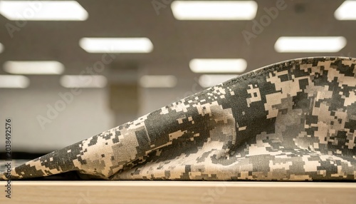 Close-up view of folded digital camouflage military fabric with a pixelated pattern