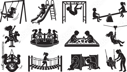 Fotografía Children playing and having fun on playground equipment in a collection of silho