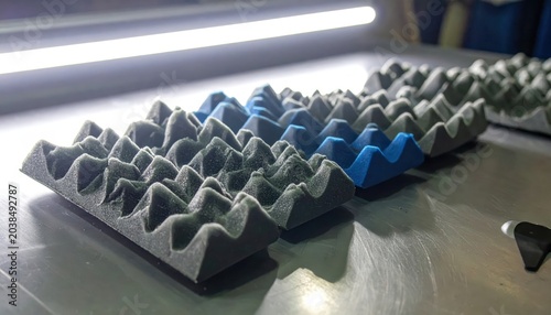 Close-up view of interlocking grey and blue foam padding pieces from a combat helmet liner, showcasing protective textured surfaces.