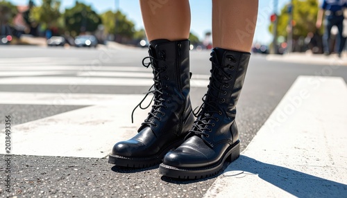 Close-up view of polished black leather lace-up combat boots standing firmly on a street crosswalk in daylight