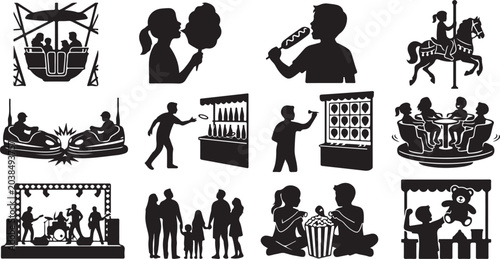Cuadro en lienzo Collection of silhouettes at an amusement park with rides, food, and games isola