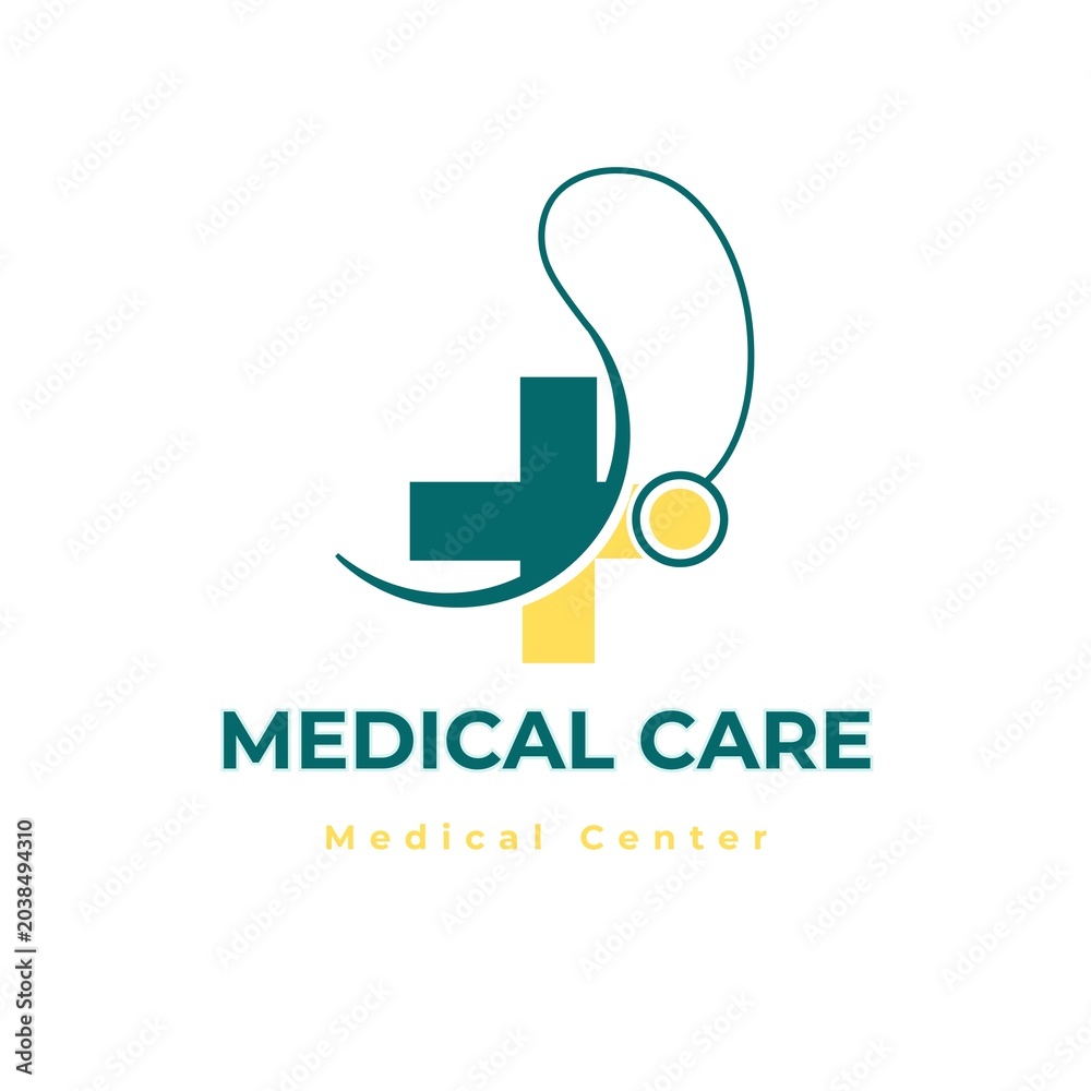 Fototapeta premium Medical Care Center Logo - Stethoscope with Medical Cross Icon in Teal and Yellow