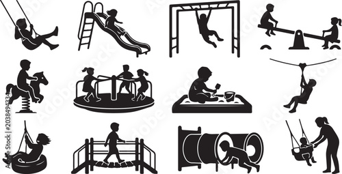 Schilderij op canvas Kids Playground and Outdoor Activity Silhouette Vector Set