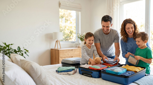 Happy family packing suitcases together in bedroom before vacation trip