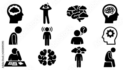 Foto Brain Fog Symptom and Cognitive Difficulty Silhouette Icon Set