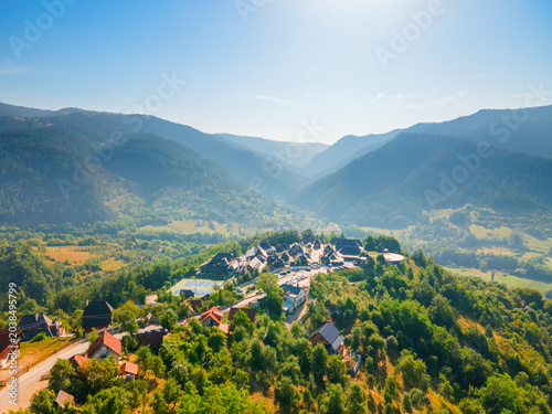 Tableau sur toile Aerial view of Kustendorf ethno village or Drvengrad in Mokra Gora