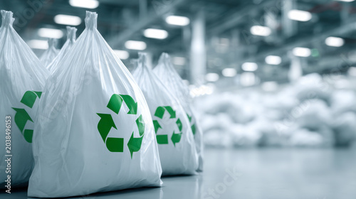 Bags with recycle symbols fill a warehouse space during a recycling operation in a facility focused on waste management efforts
