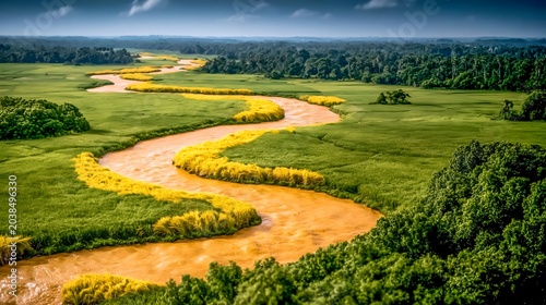 Aerial Satellite View of River Delta with Golden Curry Sauce Flowing Through Basmati Rice Paddies