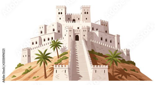Photos Vector illustration of a majestic white fortress castle with palm trees on a hil