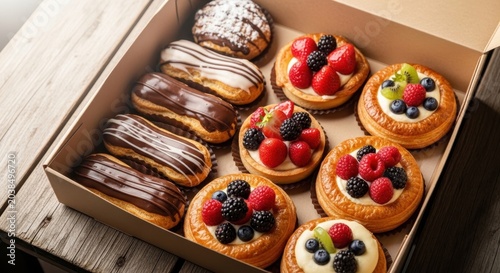 A box of assorted pastries including chocolate eclairs and fruit tarts arranged on a wooden table